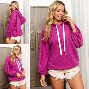Bibi Brushed Checker Knit Hooded Sweater in Magenta NWOT